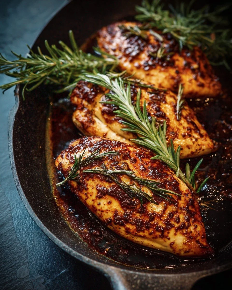 Juicy balsamic baked chicken breast garnished with herbs on a white plate.