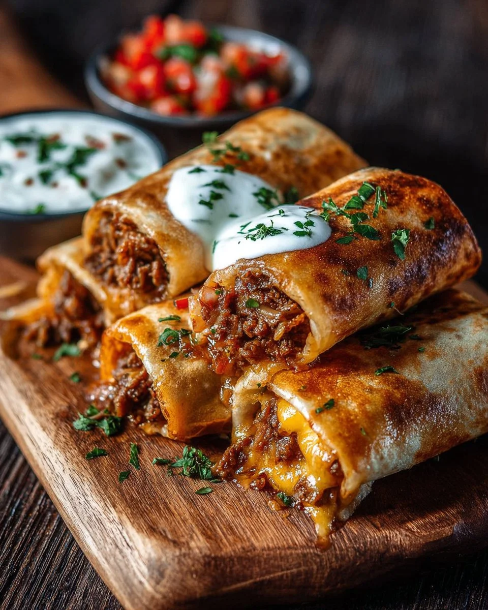 Golden brown beef and cheese chimichangas served with salsa and sour cream.