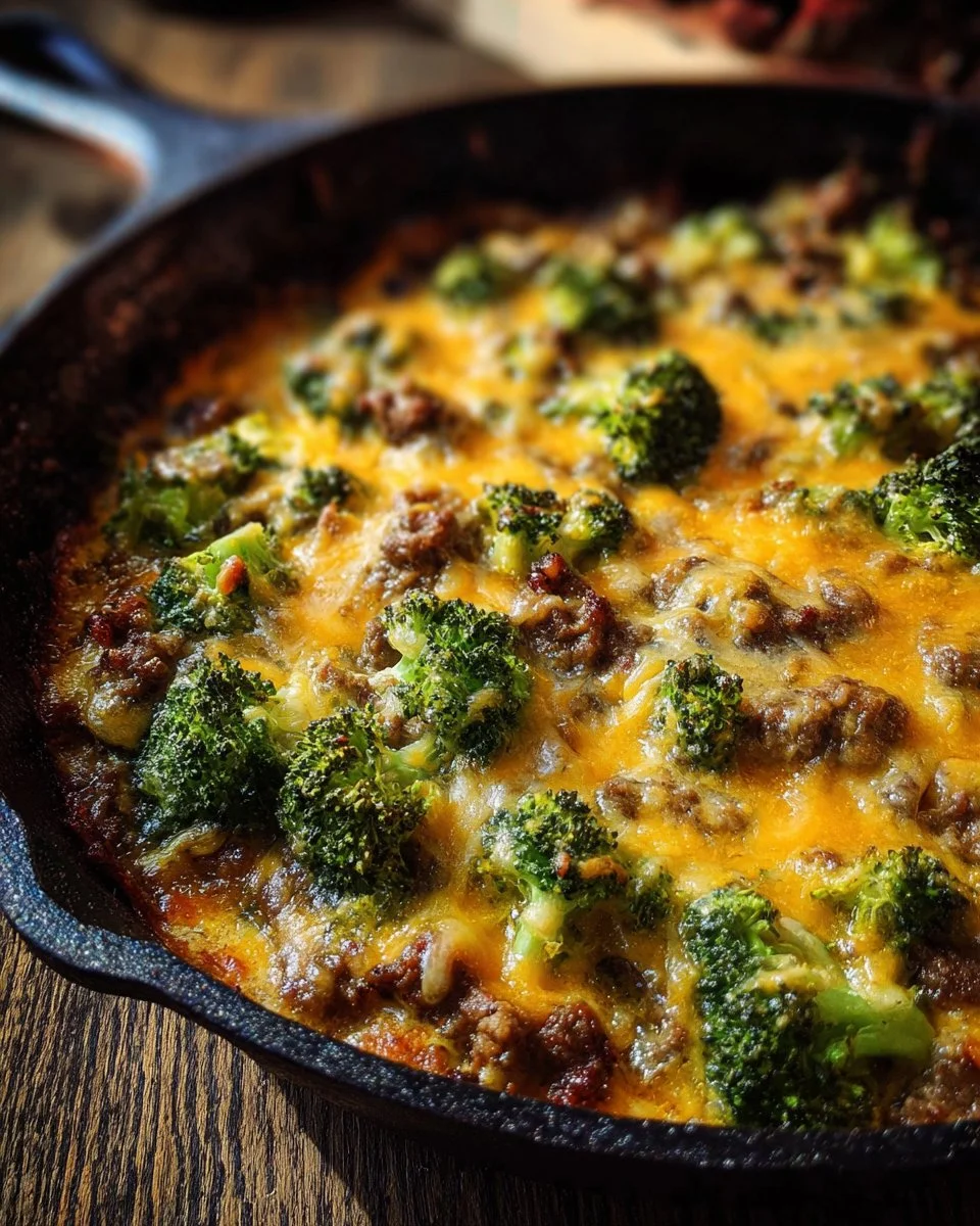 Cheesy hamburger skillet with broccoli in a frying pan