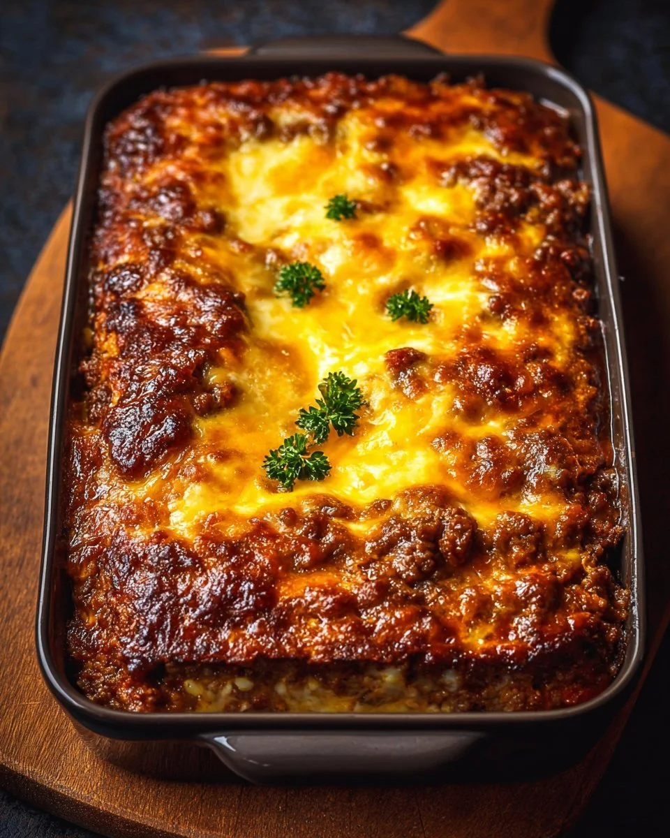 Cheesy Meatloaf Casserole topped with melted cheese and herbs
