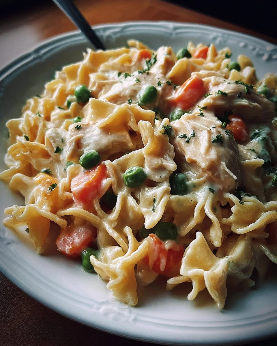 Bowl of classic chicken pot pie pasta with creamy sauce and vegetables