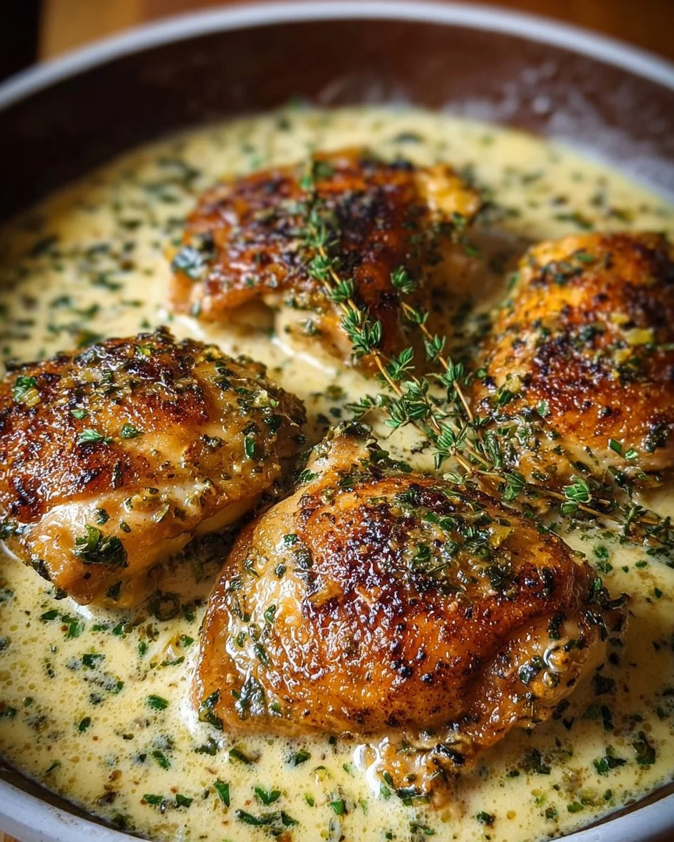 Delicious creamy garlic chicken thighs served on a plate