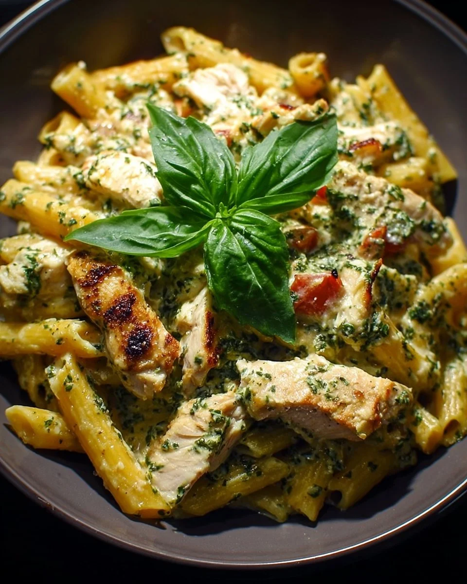 Creamy pesto chicken pasta dish served in a bowl