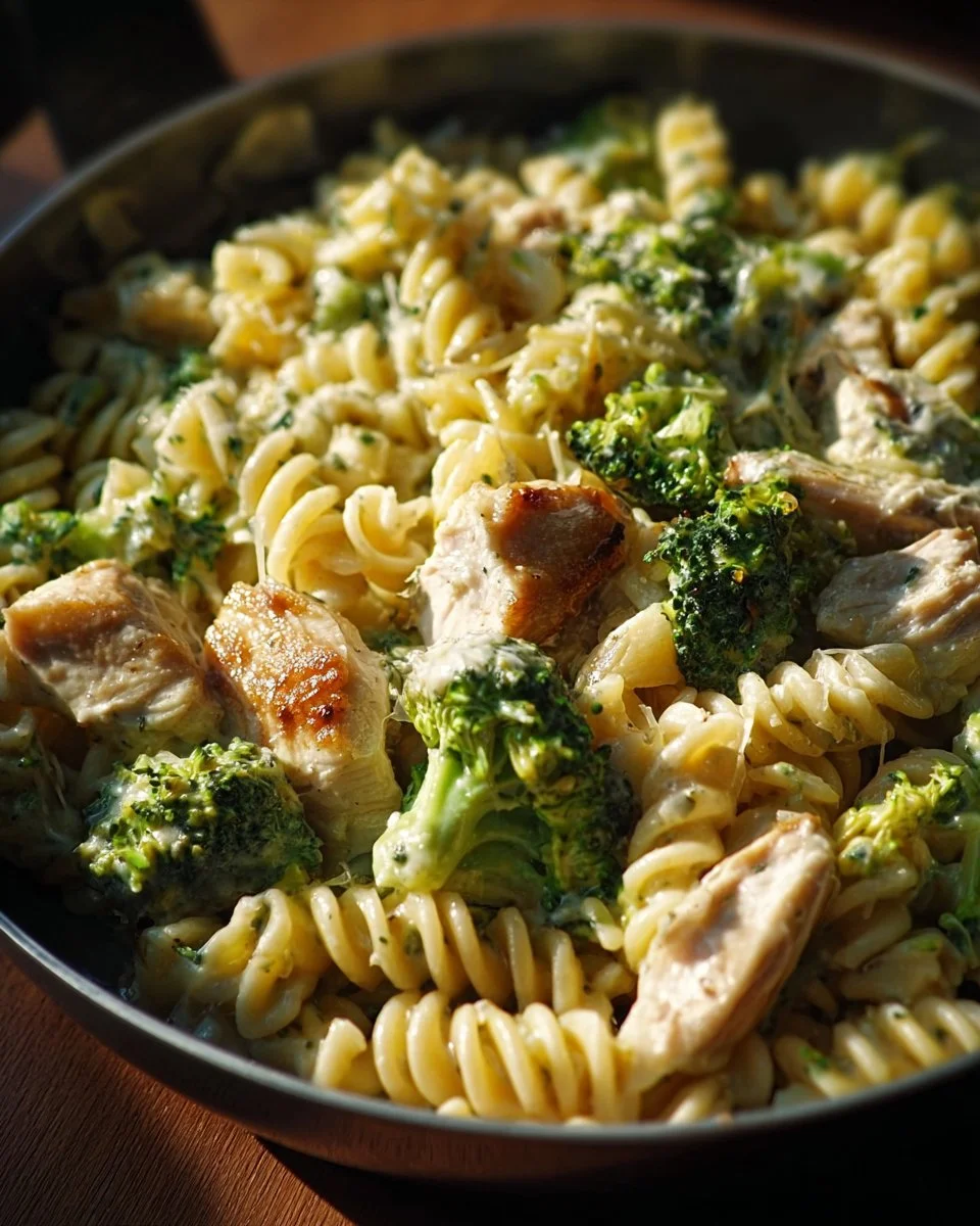 Creamy rotisserie chicken broccoli pasta in a white bowl garnished with parsley.