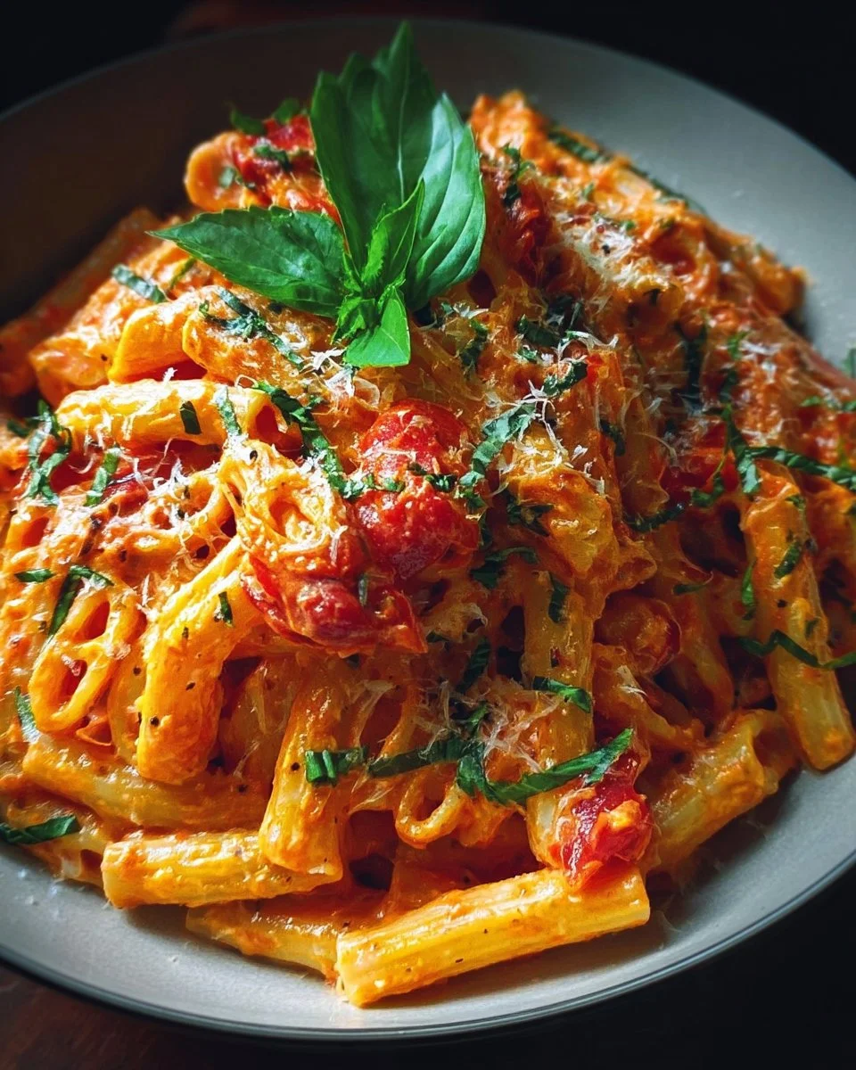 Creamy tomato garlic pasta dish garnished with fresh herbs