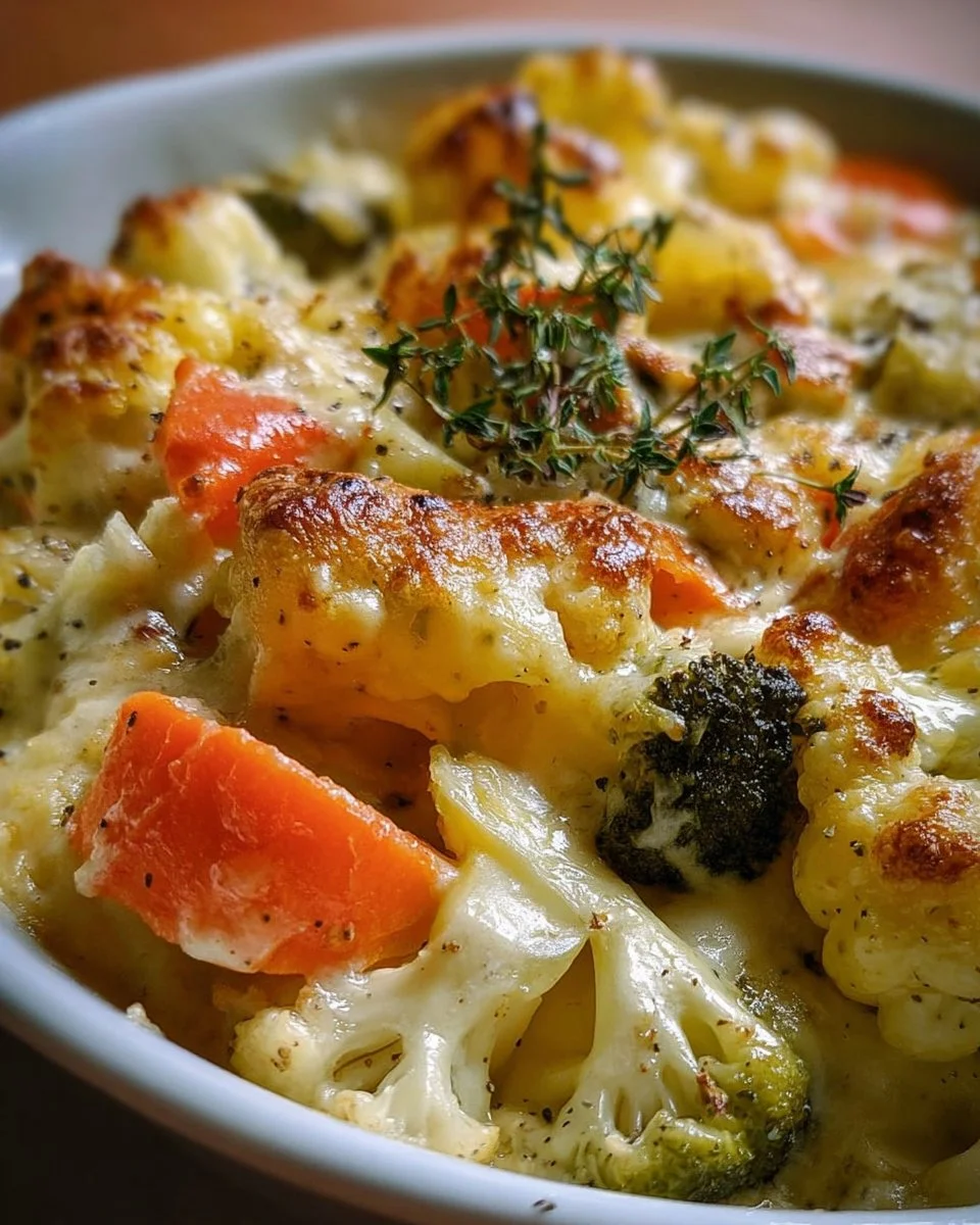 Creamy winter vegetable casserole with assorted seasonal vegetables and cheese