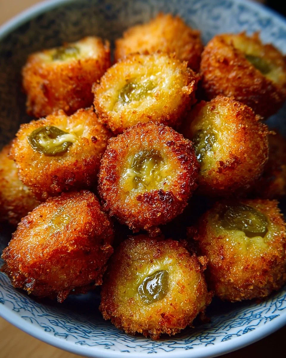 Plate of crispy pickle cheese bites, golden and delicious, ready to be enjoyed.