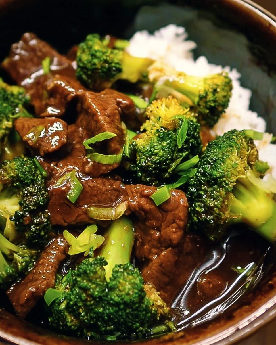 Crock Pot Beef and Broccoli served on a plate with rice and vegetables.