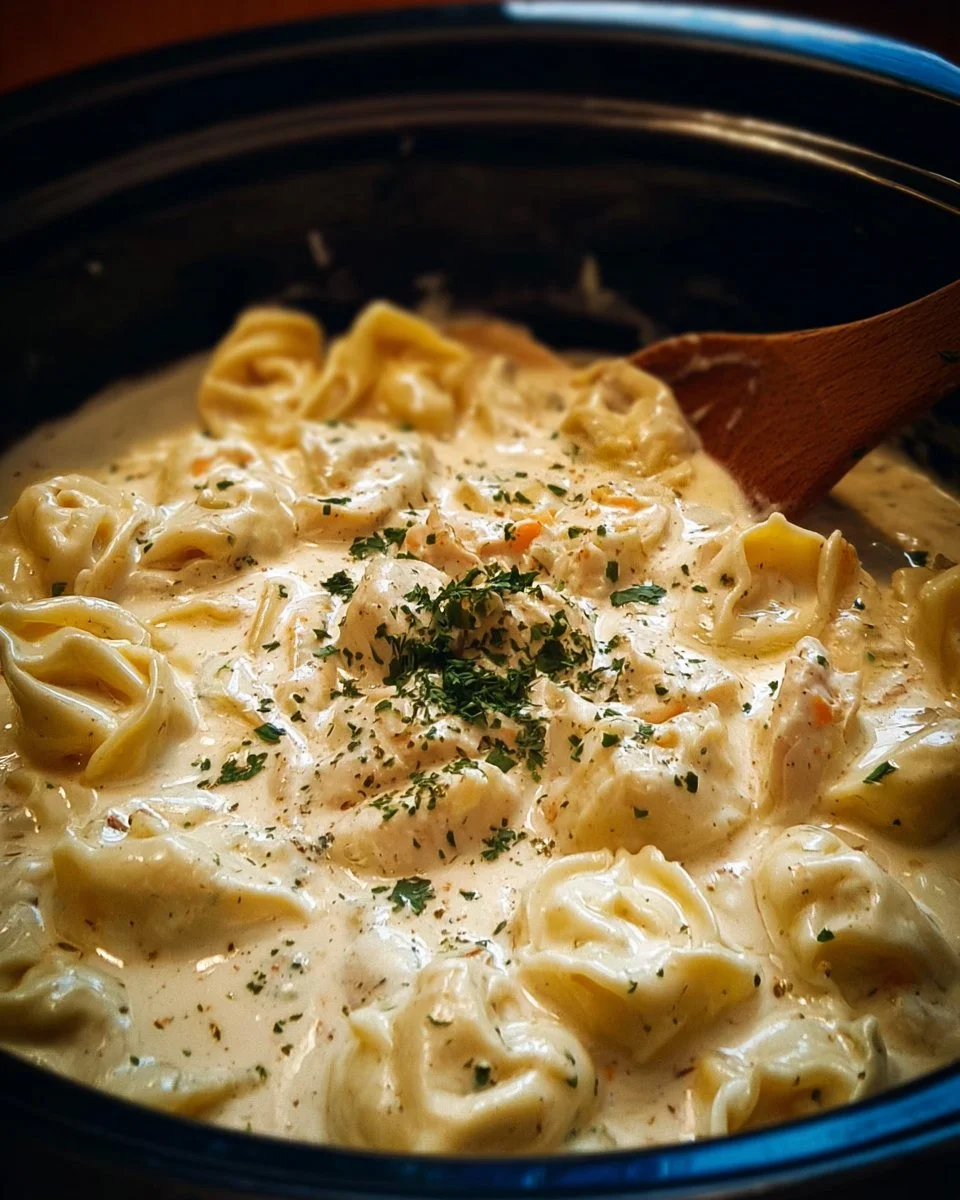 Crockpot Chicken Alfredo Tortellini with creamy sauce and cheese
