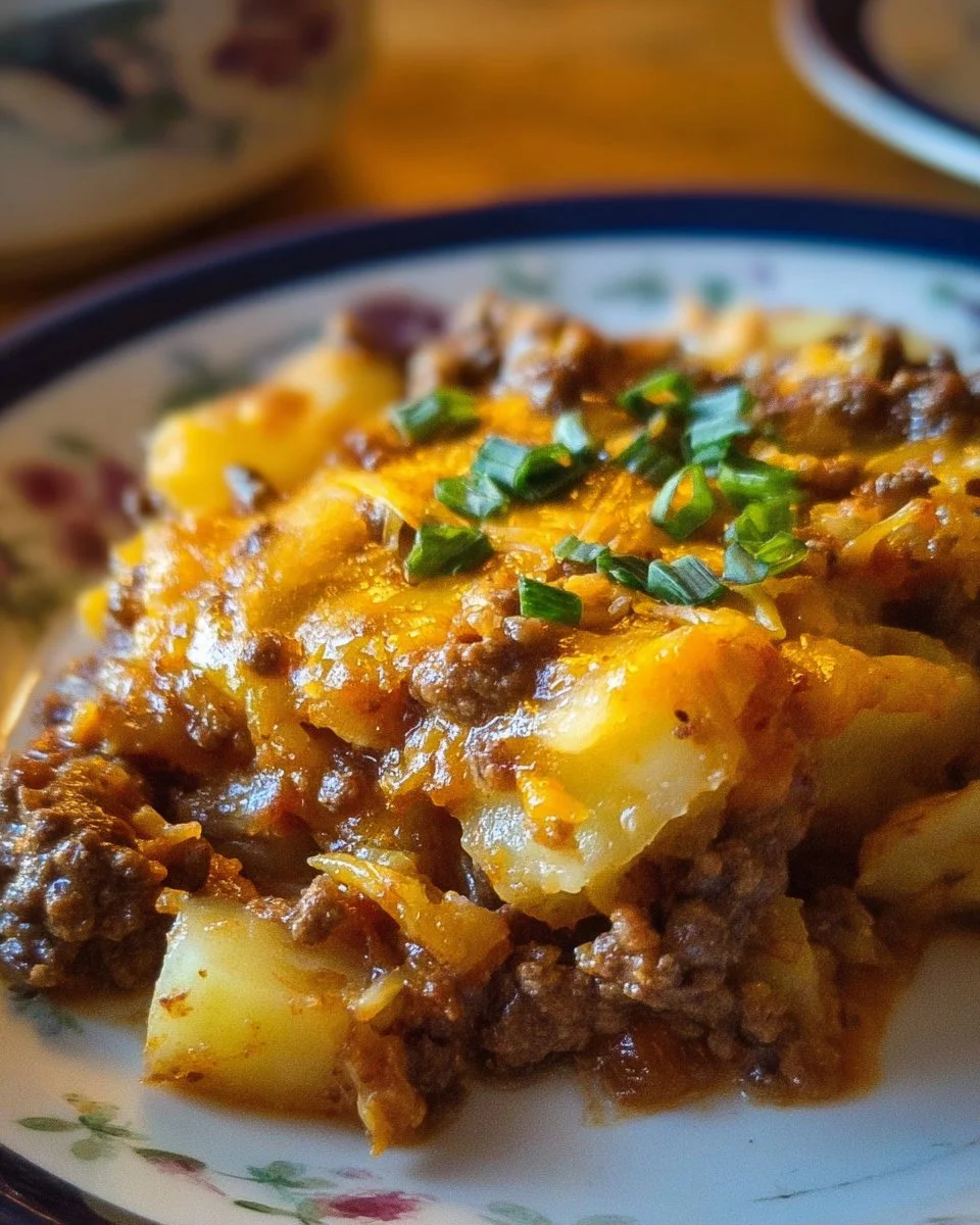 Delicious Crockpot Hamburger Potato Casserole dish served hot in a bowl.