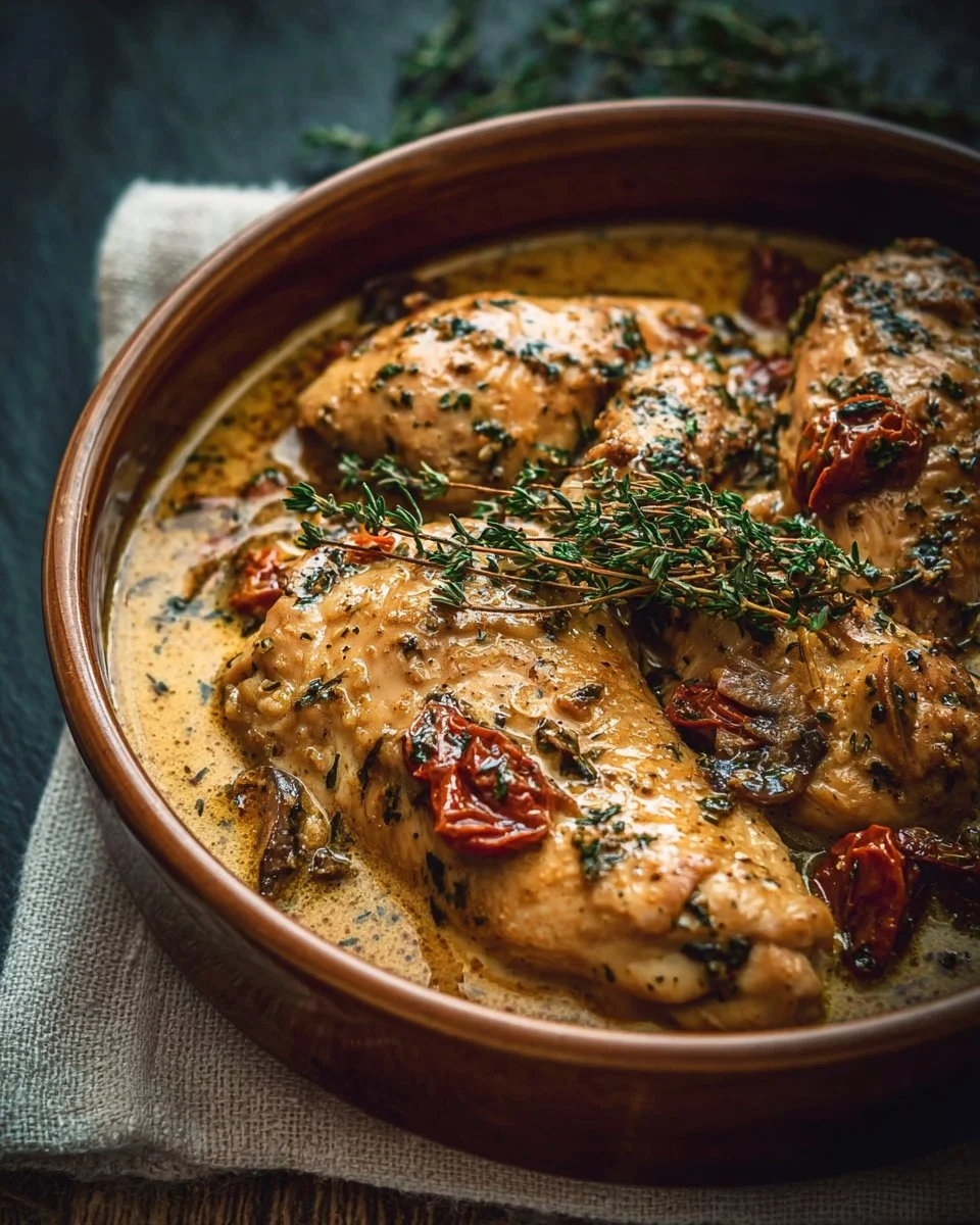 Crockpot Marry Me Chicken with creamy sauce and herbs served in a bowl.