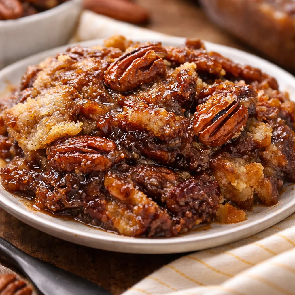 Delicious Pecan Pie Dump Cake with a gooey filling and buttery cake layer