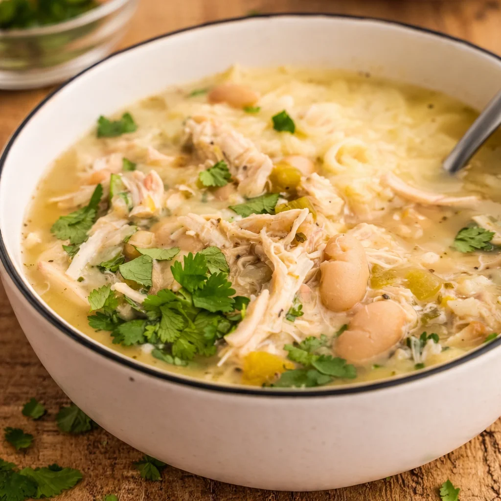 Bowl of Simple Keto White Chicken Chili topped with green onions and cilantro.