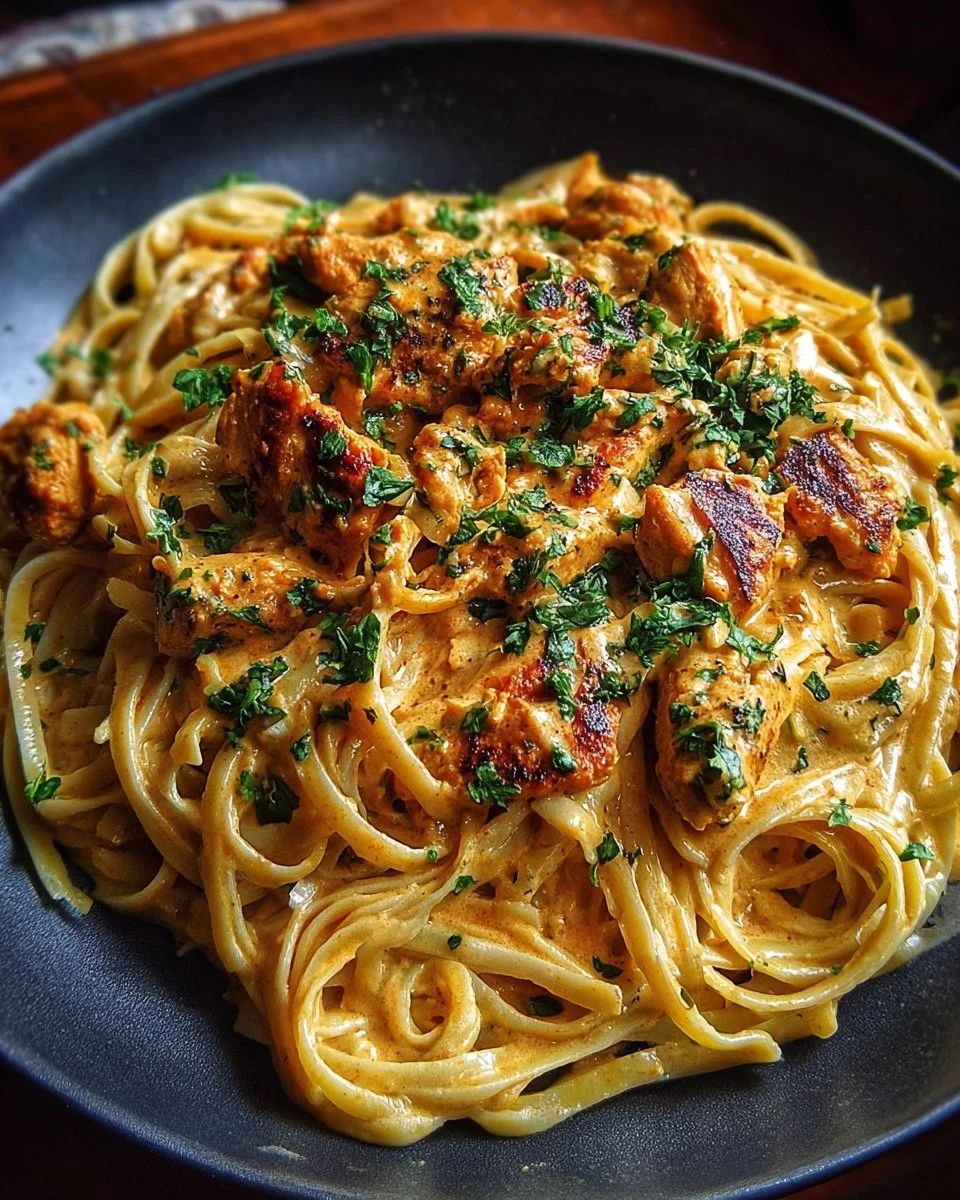 Delicious cowboy butter chicken linguine served in a bowl with herbs and spices.