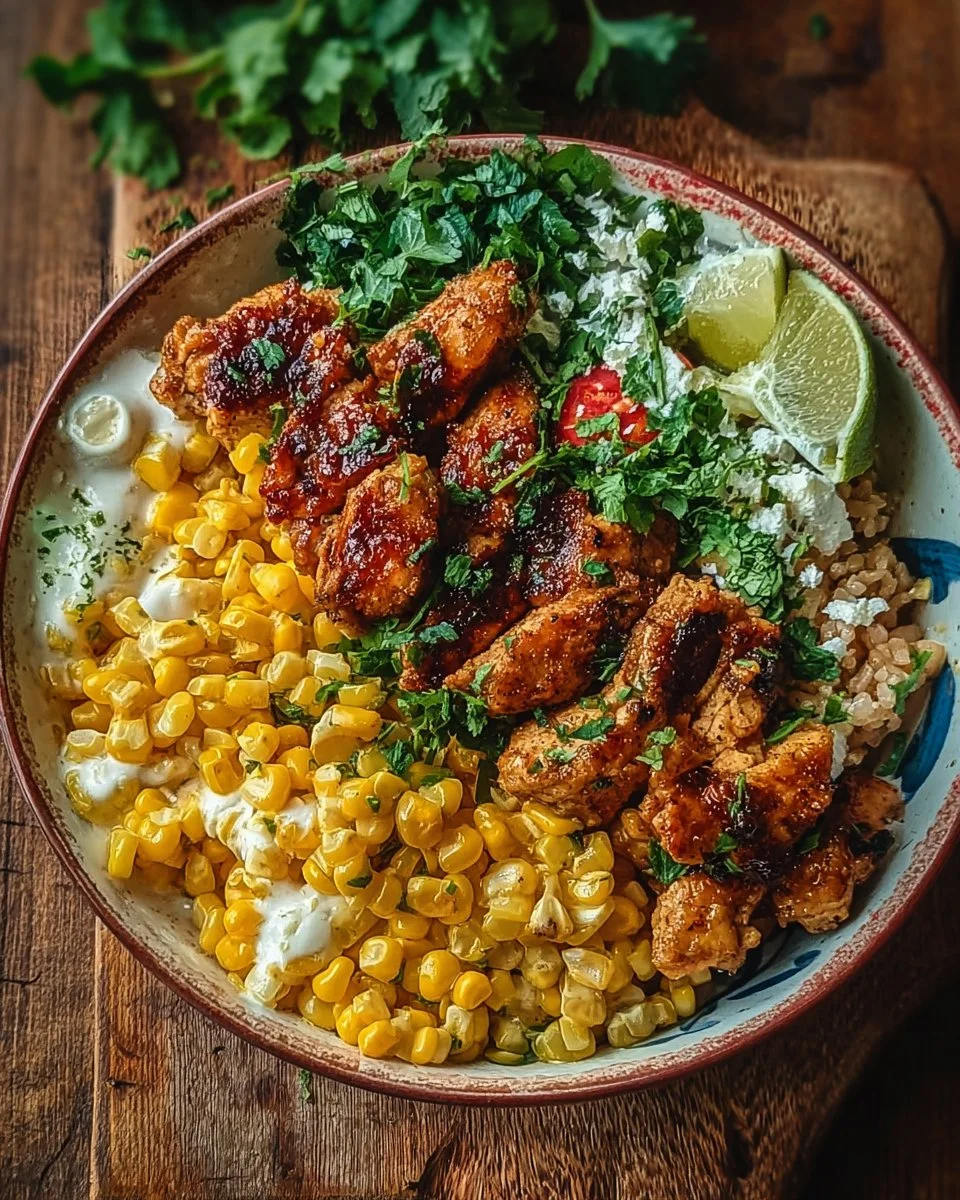 Delicious Easy Street Corn Chicken Bowl with chicken, corn, and colorful vegetables