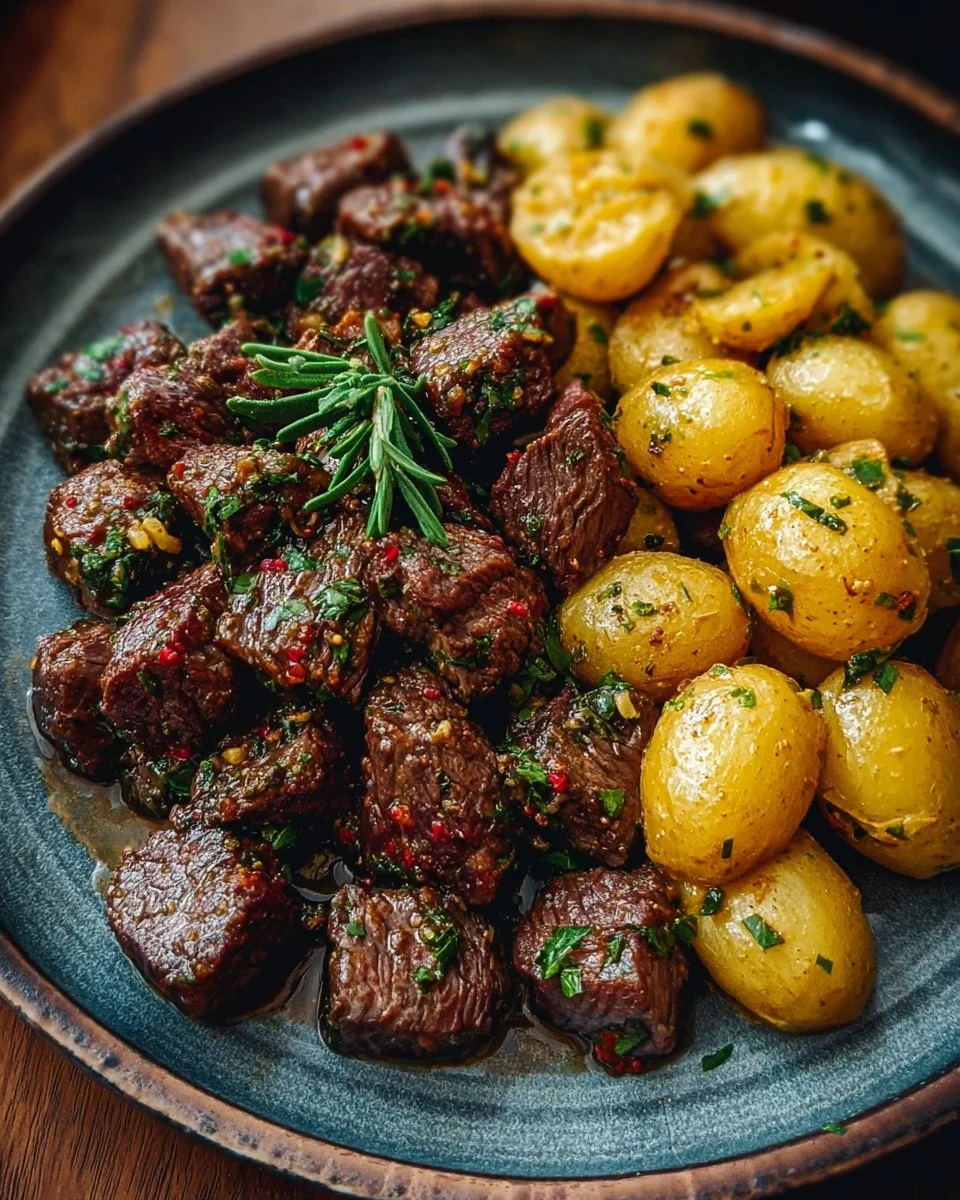 Delicious Garlic Butter Beef Bites served with golden roasted potatoes