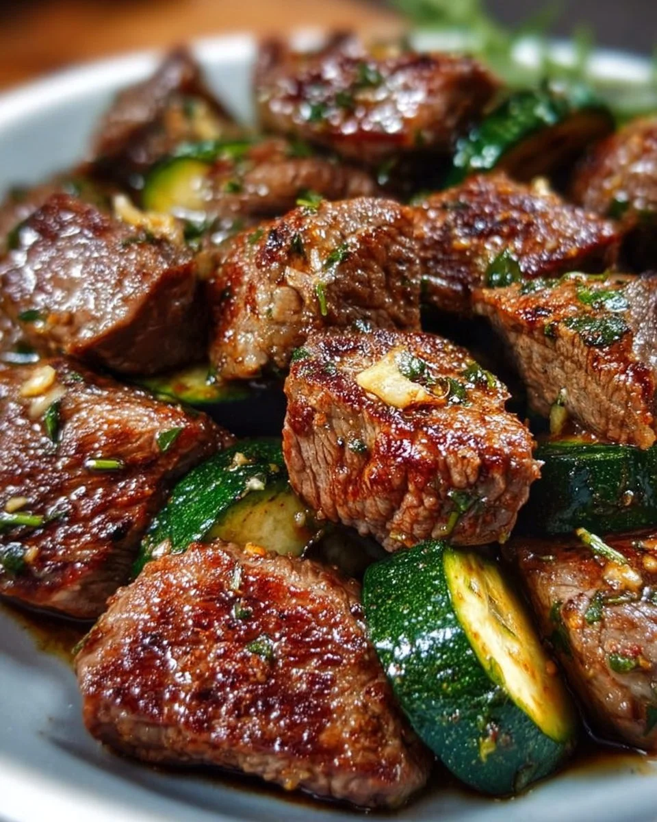 Savory garlic butter steak bites served in a skillet.