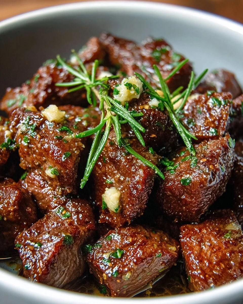 Healthy crock pot garlic butter steak bites recipe with tender beef and garlic sauce