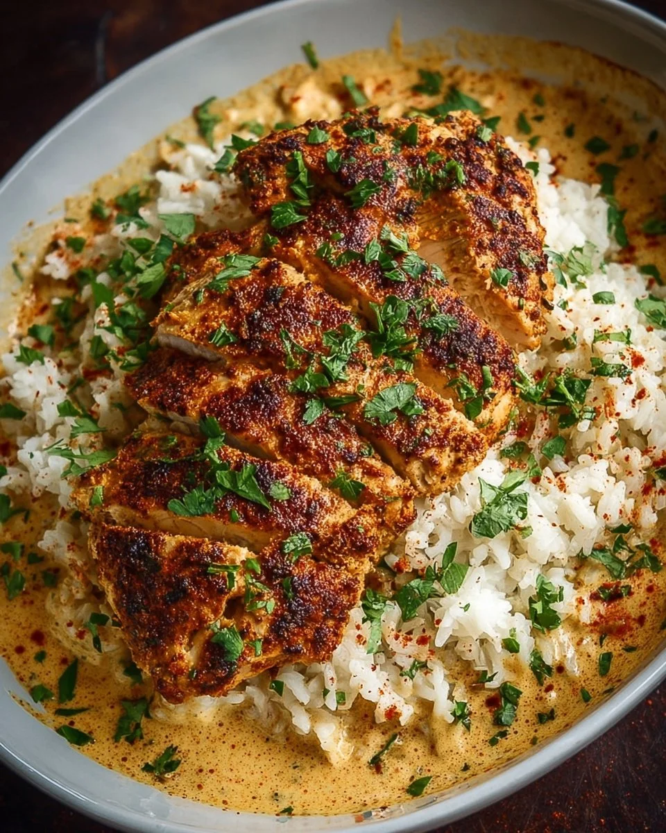 High protein creamy Cajun chicken served with rice on a plate