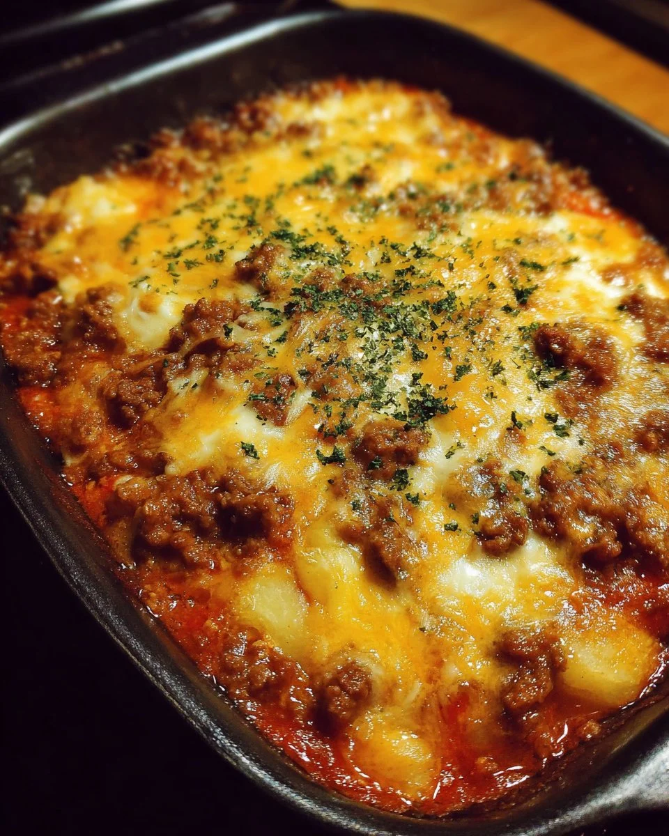 Delicious Hobo Casserole with ground beef and vegetables in a baking dish