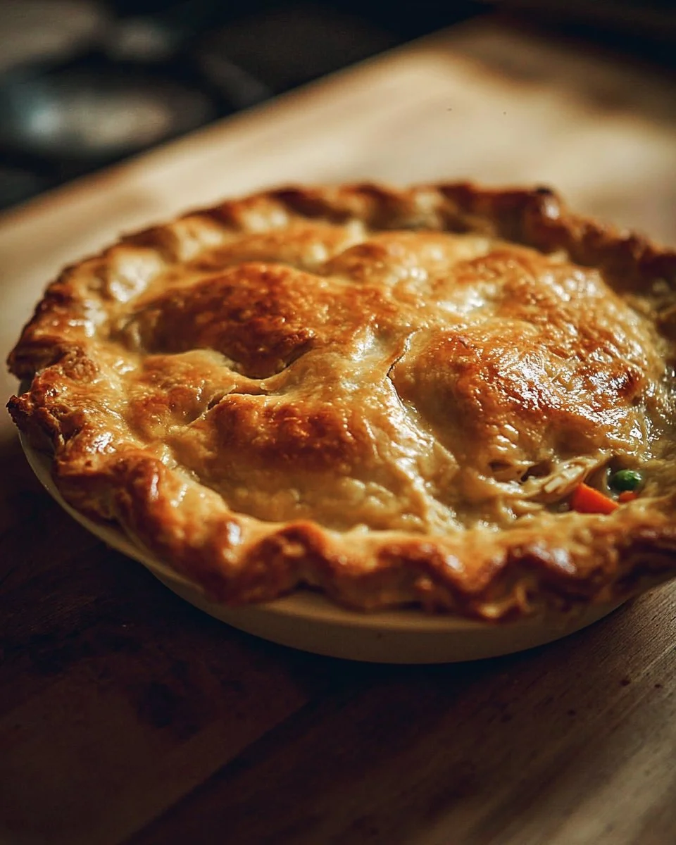 Delicious homemade chicken pot pie fresh out of the oven, ready to serve.