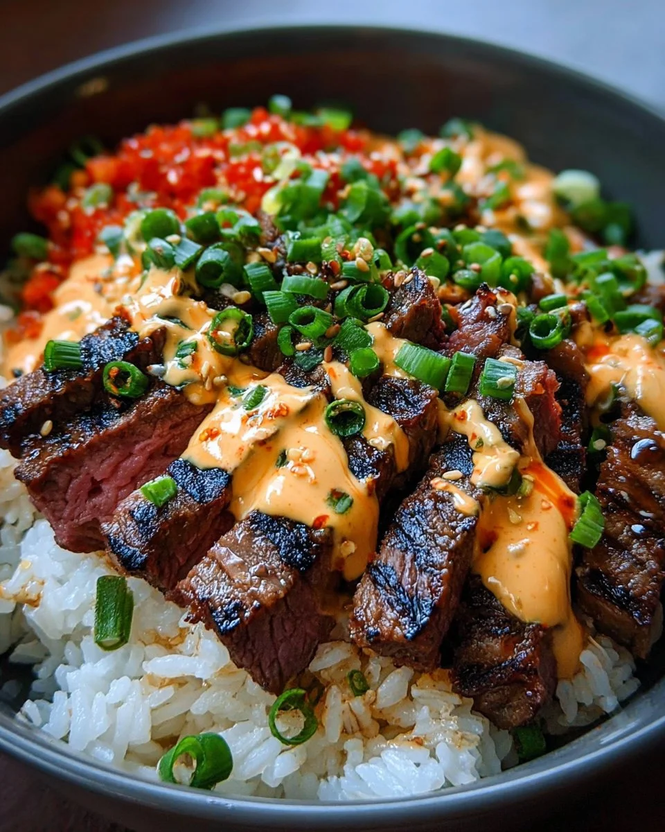 Korean BBQ steak rice bowl with spicy cream sauce served in a vibrant bowl