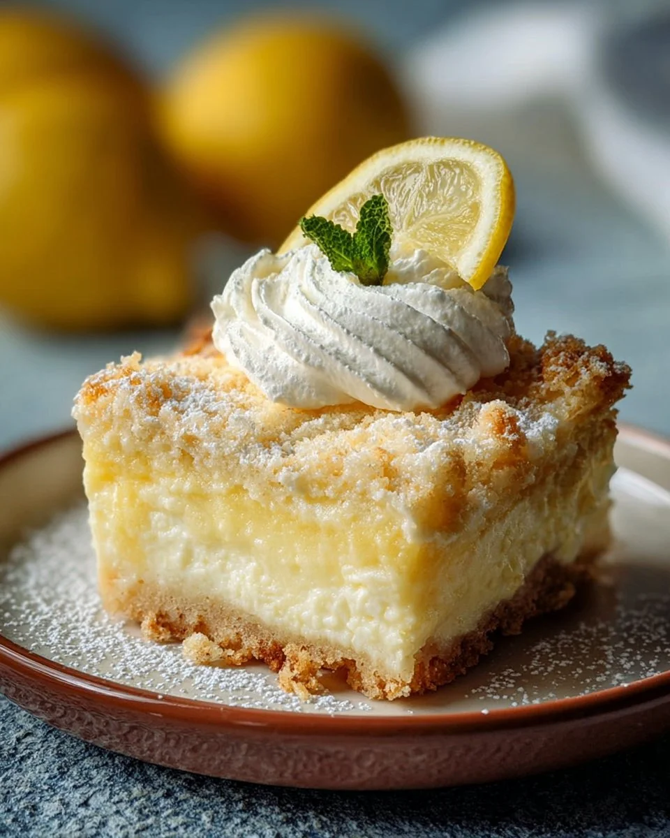 Delicious Lemon Cream Cheese Dump Cake served on a plate with fresh lemon slices
