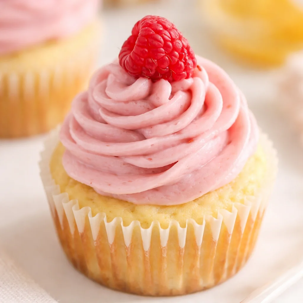 Lemon Cupcakes with Raspberry Buttercream Frosting topped with fresh raspberries