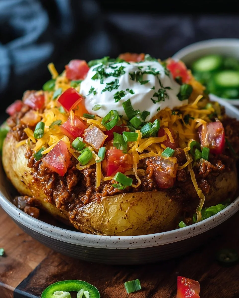Delicious Loaded Potato Taco Bowl garnished with fresh toppings and melted cheese