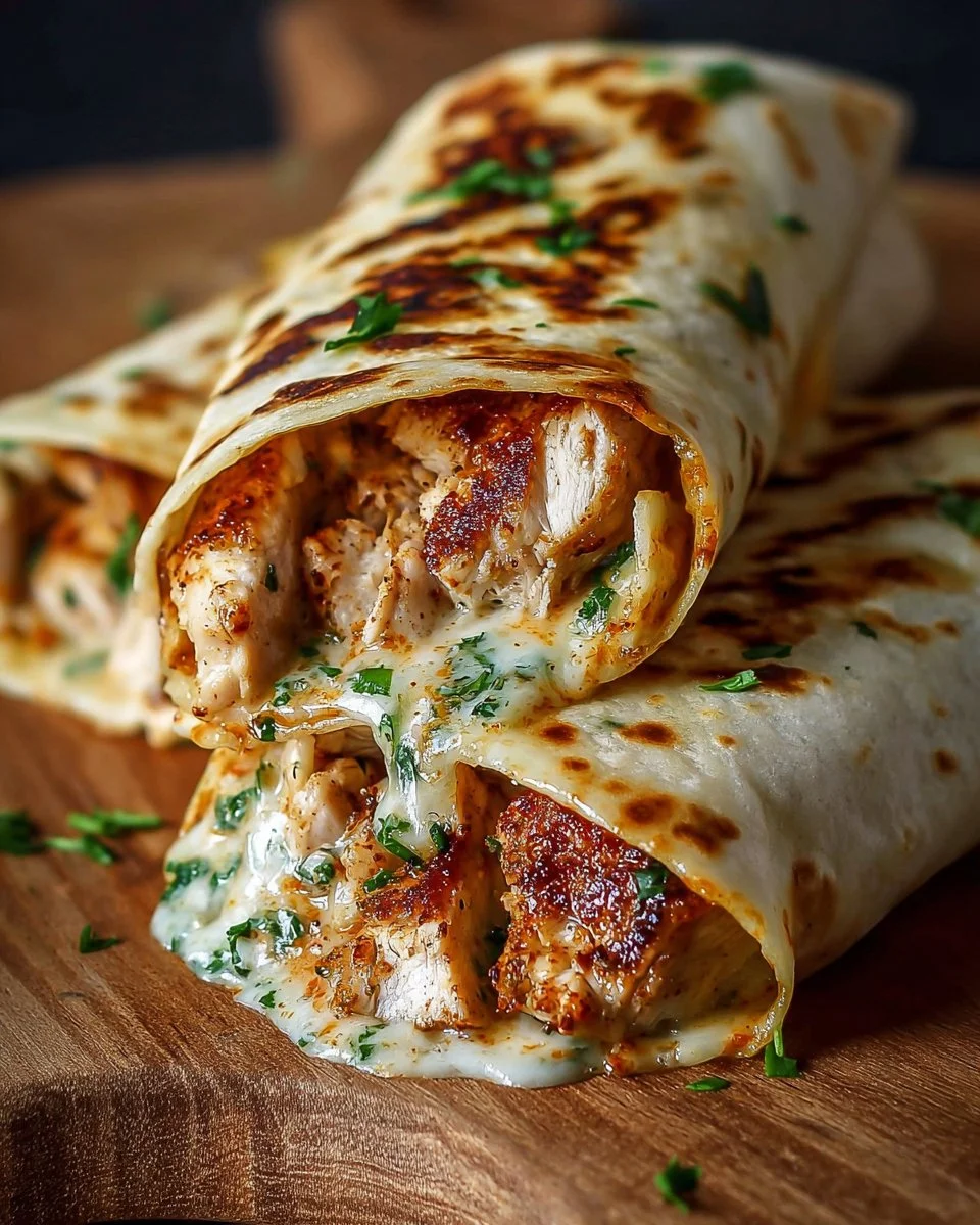 Low carb cheesy garlic chicken wraps served on a plate with fresh herbs.