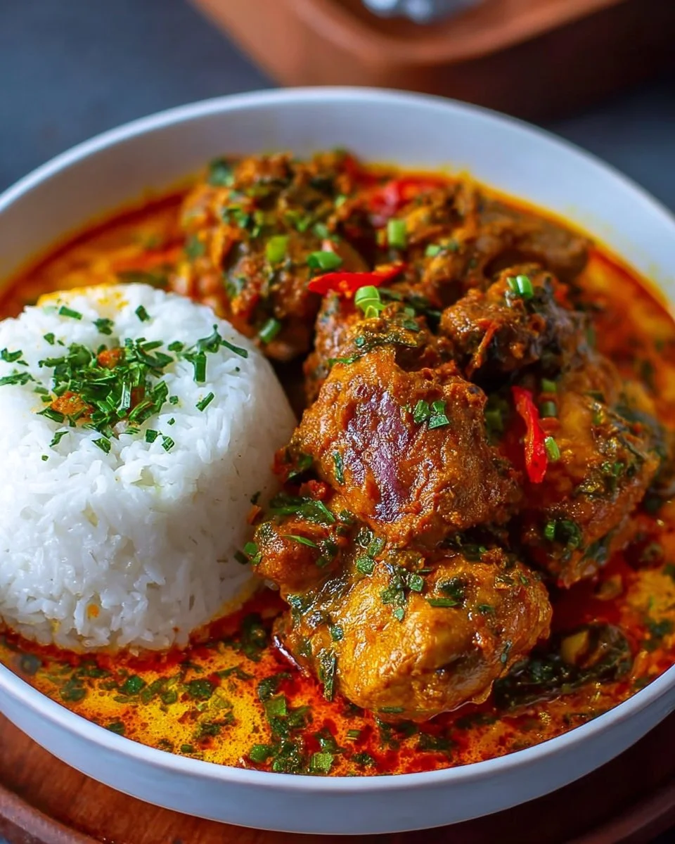 A bowl of Nigerian chicken stew with vibrant vegetables and spices.