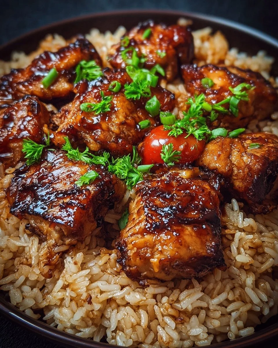 Delicious one-pan honey BBQ chicken served over rice