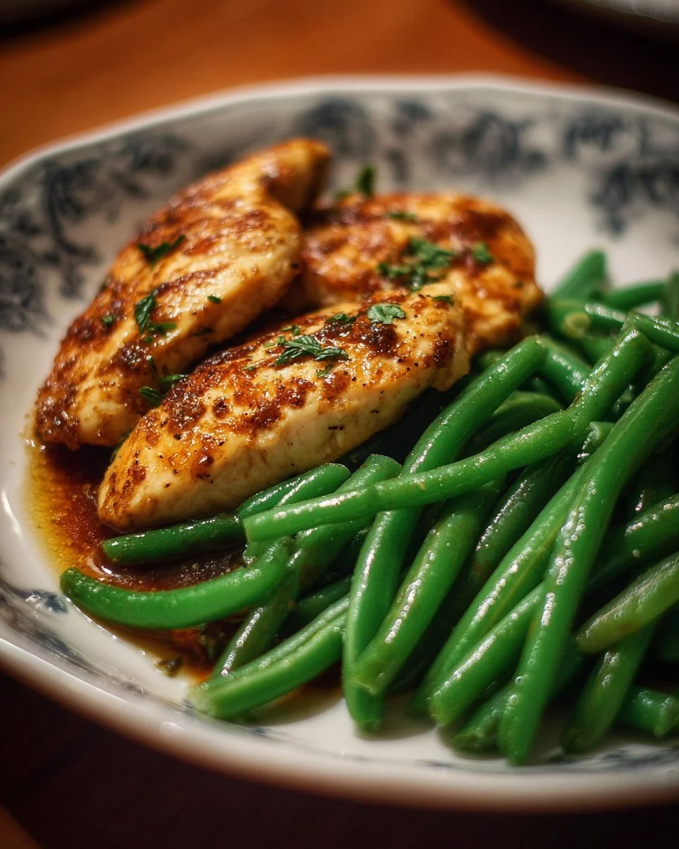 Quick chicken breast served with green beans for a healthy dinner recipe