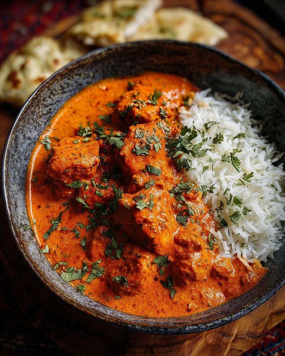 A delicious plate of homemade butter chicken served with rice and naan