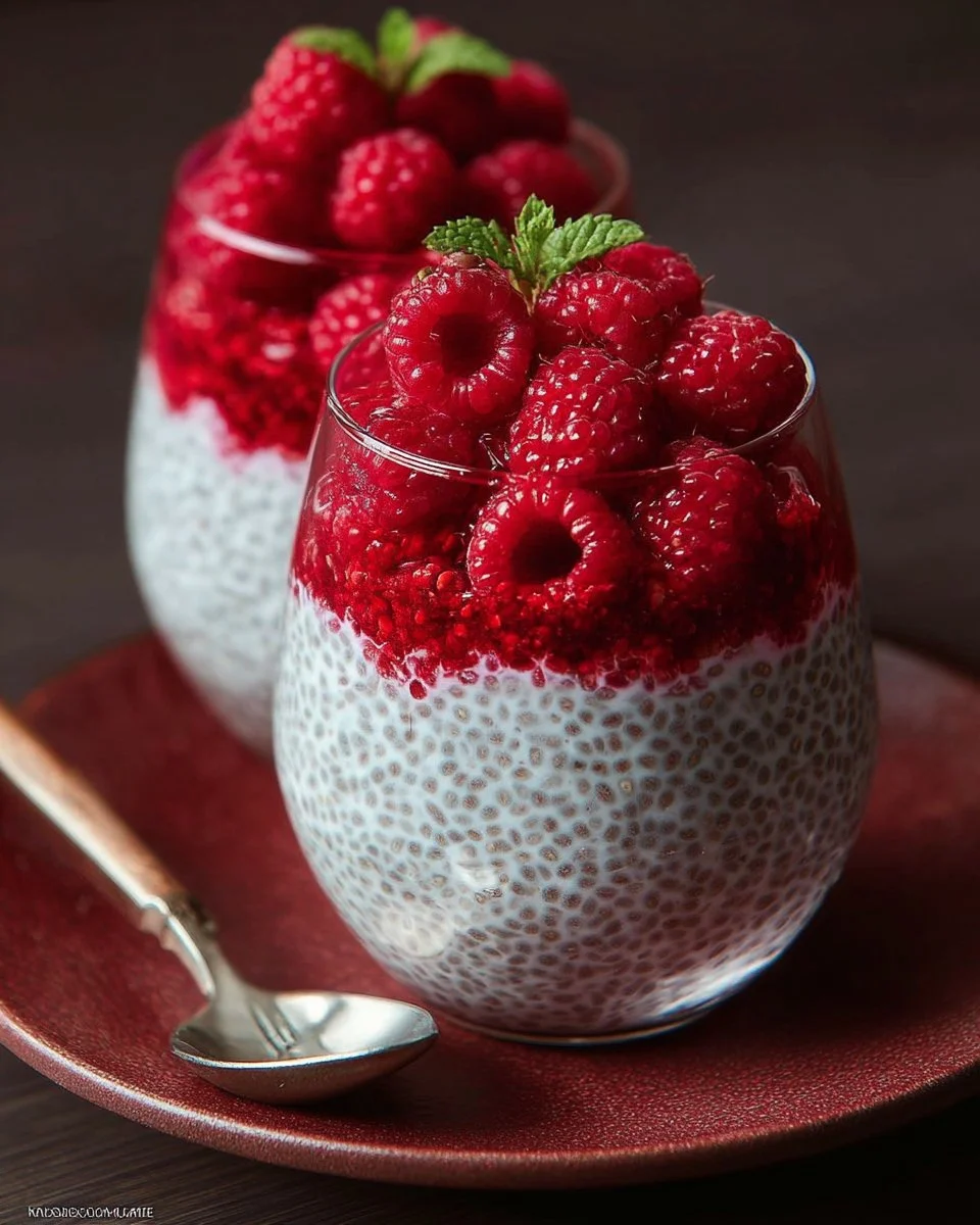 Delicious Raspberry Chia Pudding topped with fresh raspberries and mint