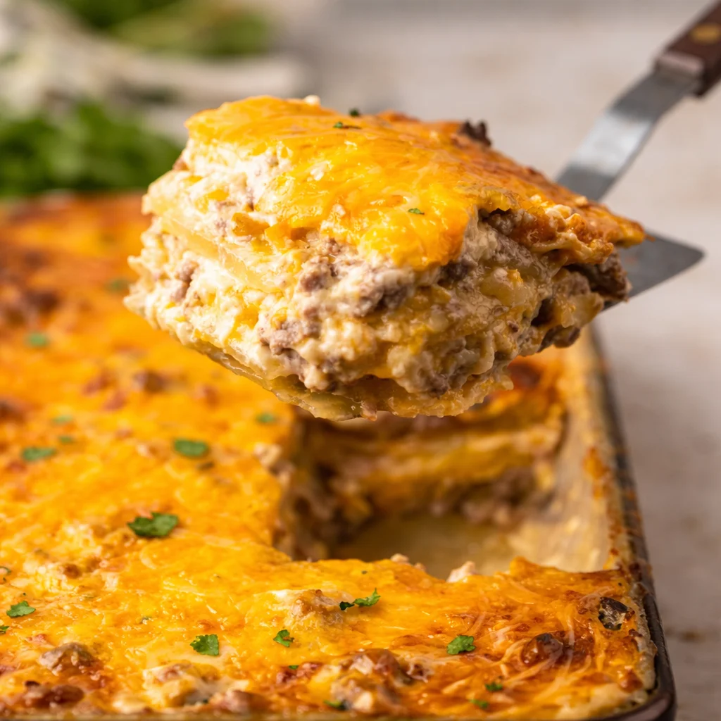 Delicious Hobo Casserole with Ground Beef, potatoes, and creamy mushroom sauce.