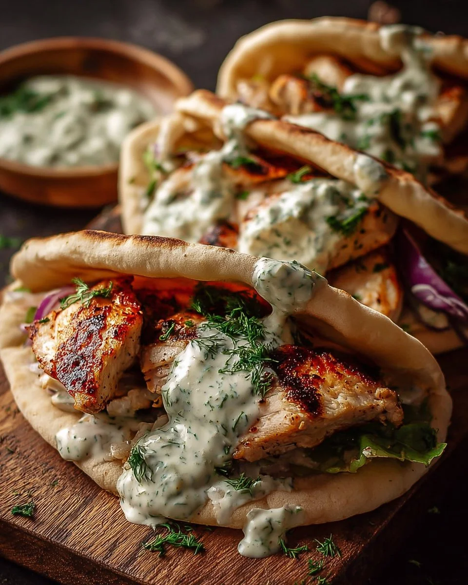 Sheet pan chicken pitas served with herby ranch dressing on a plate