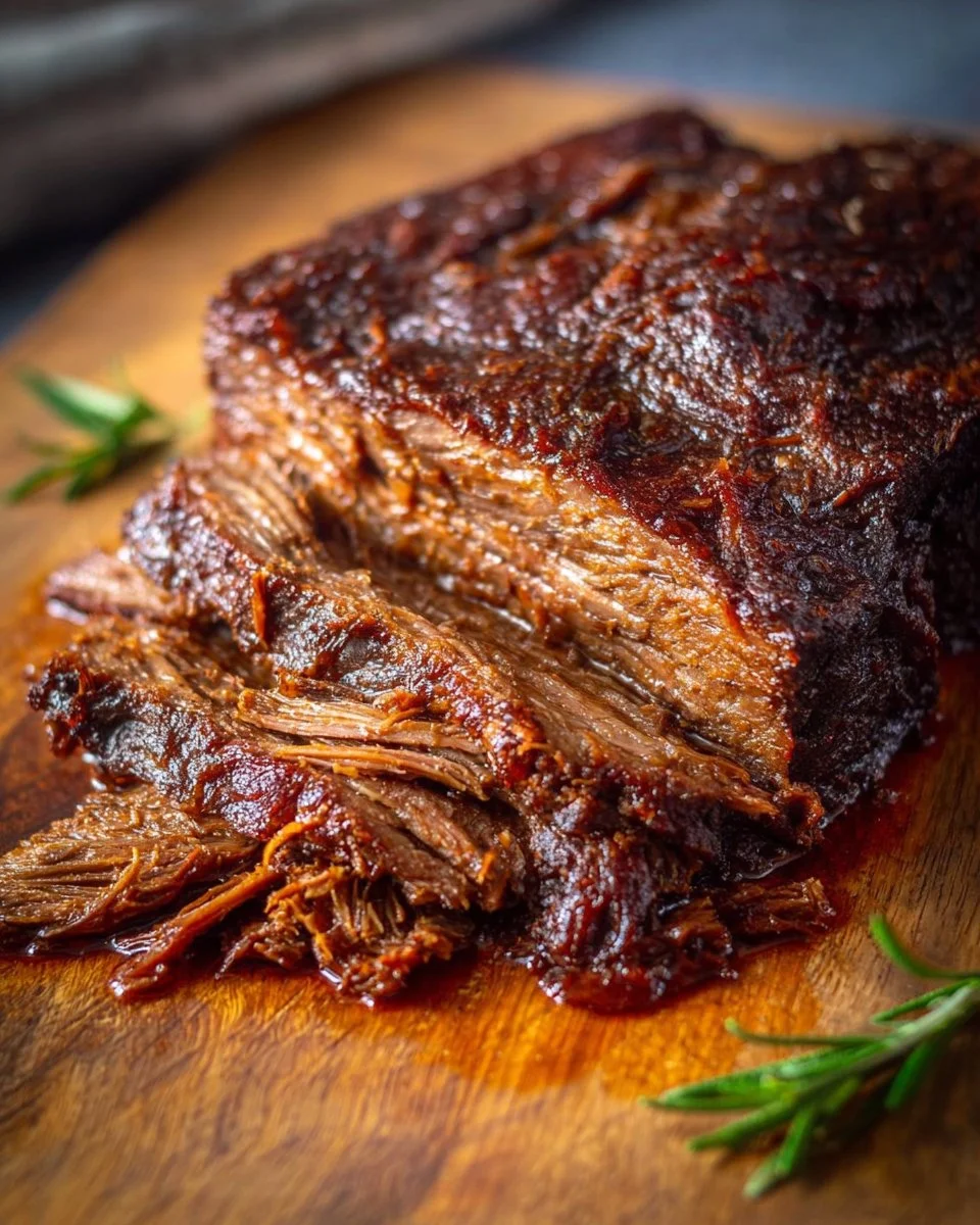 Slow cooked beef brisket served with sides on a wooden table