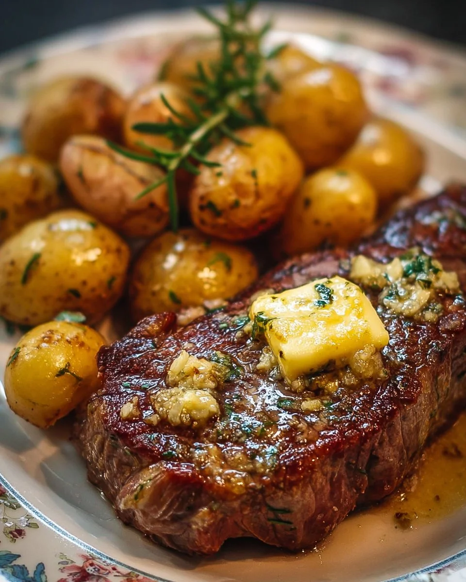 Slow Cooker Cowboy Butter Steak served with seasoned potatoes