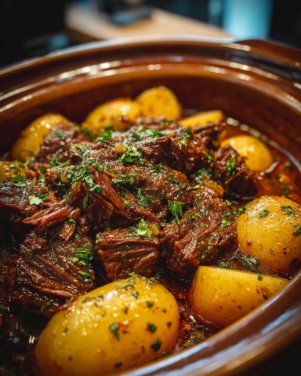 Slow cooker garlic butter beef with potatoes dish served on a plate