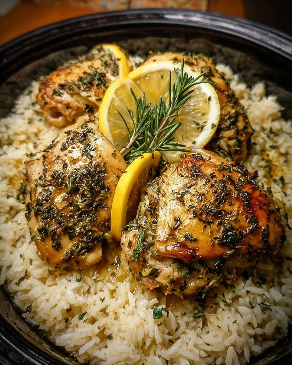 Slow Cooker Lemon Herb Chicken served with rice and herbs for a delicious meal.