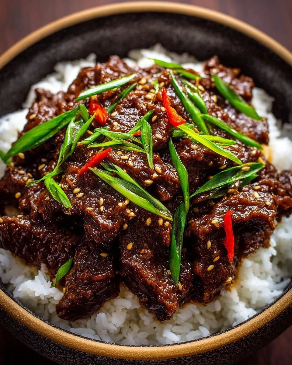 Delicious slow cooker Mongolian beef served with rice and vegetables
