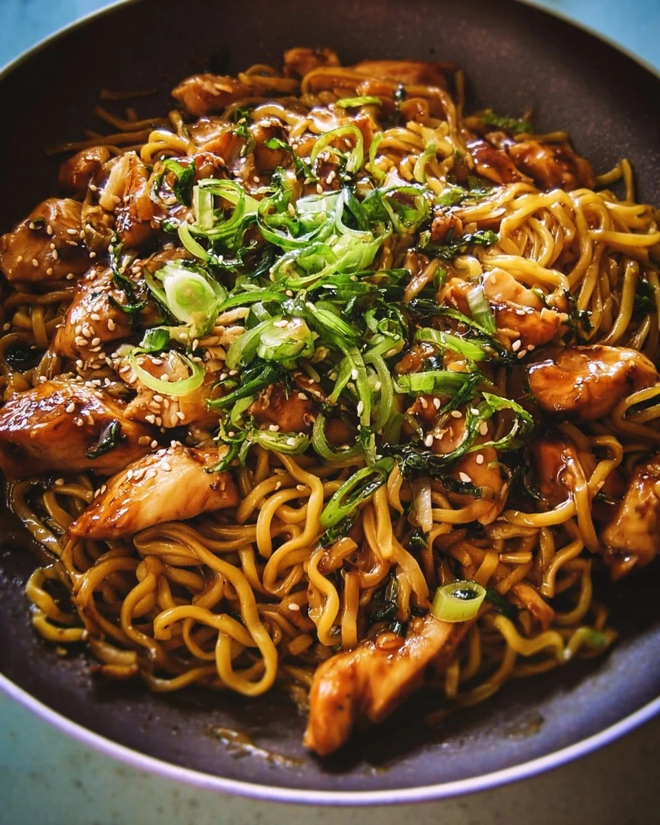 Plate of sticky garlic chicken noodles garnished with green onions