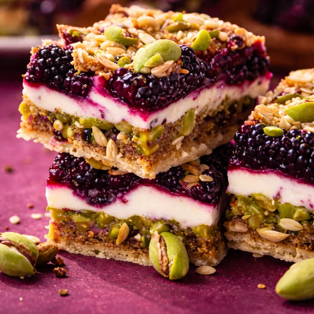 Blackberry Pistachio Dream Bars with creamy layers and blackberry topping.