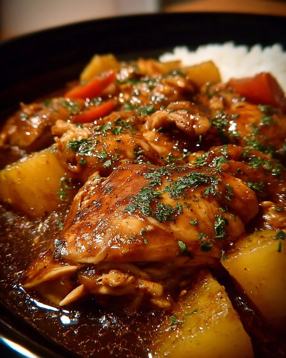 Sweet Hawaiian Crockpot Chicken served with rice and pineapple slices