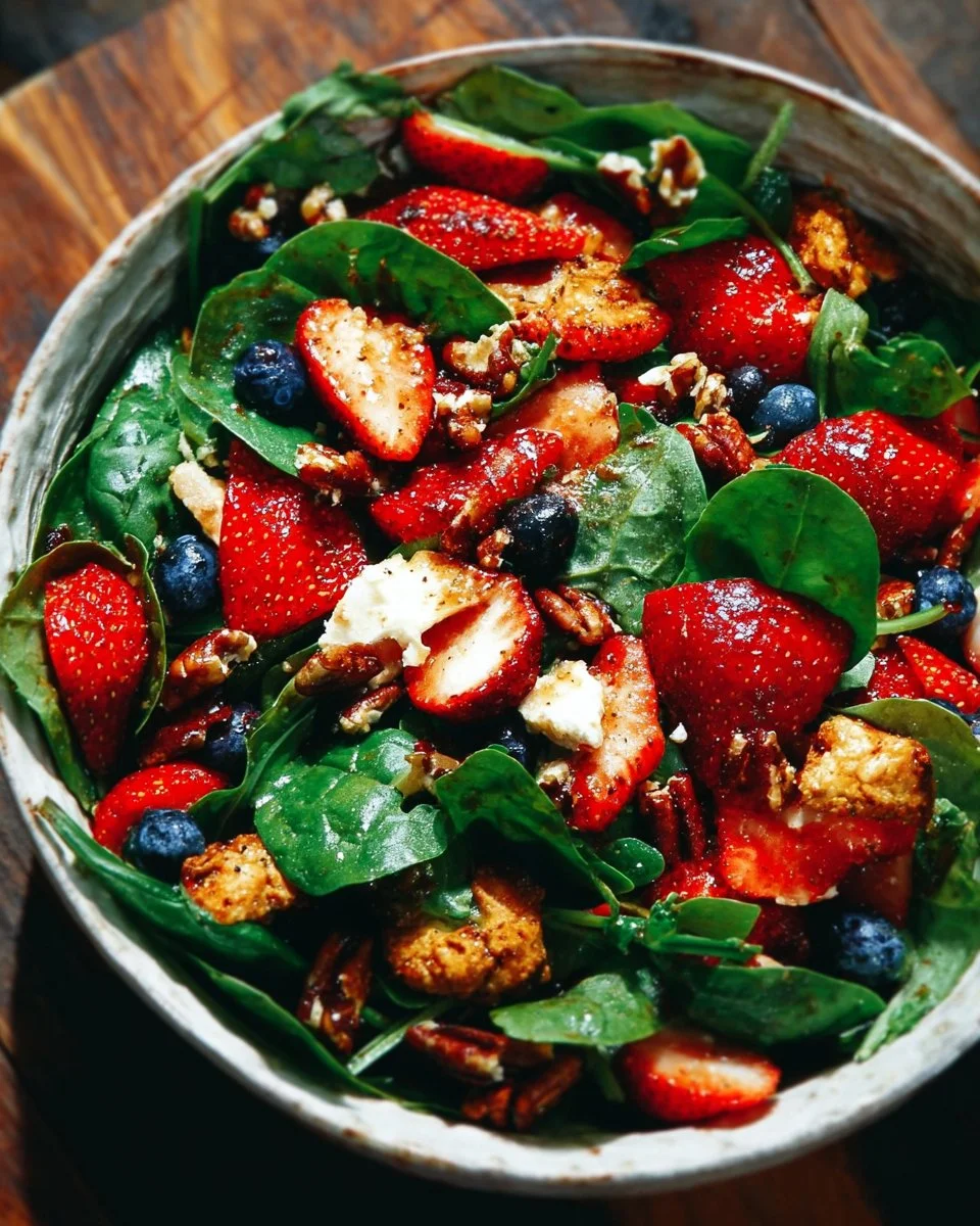 30-minute strawberry spinach salad with fresh strawberries and spinach leaves
