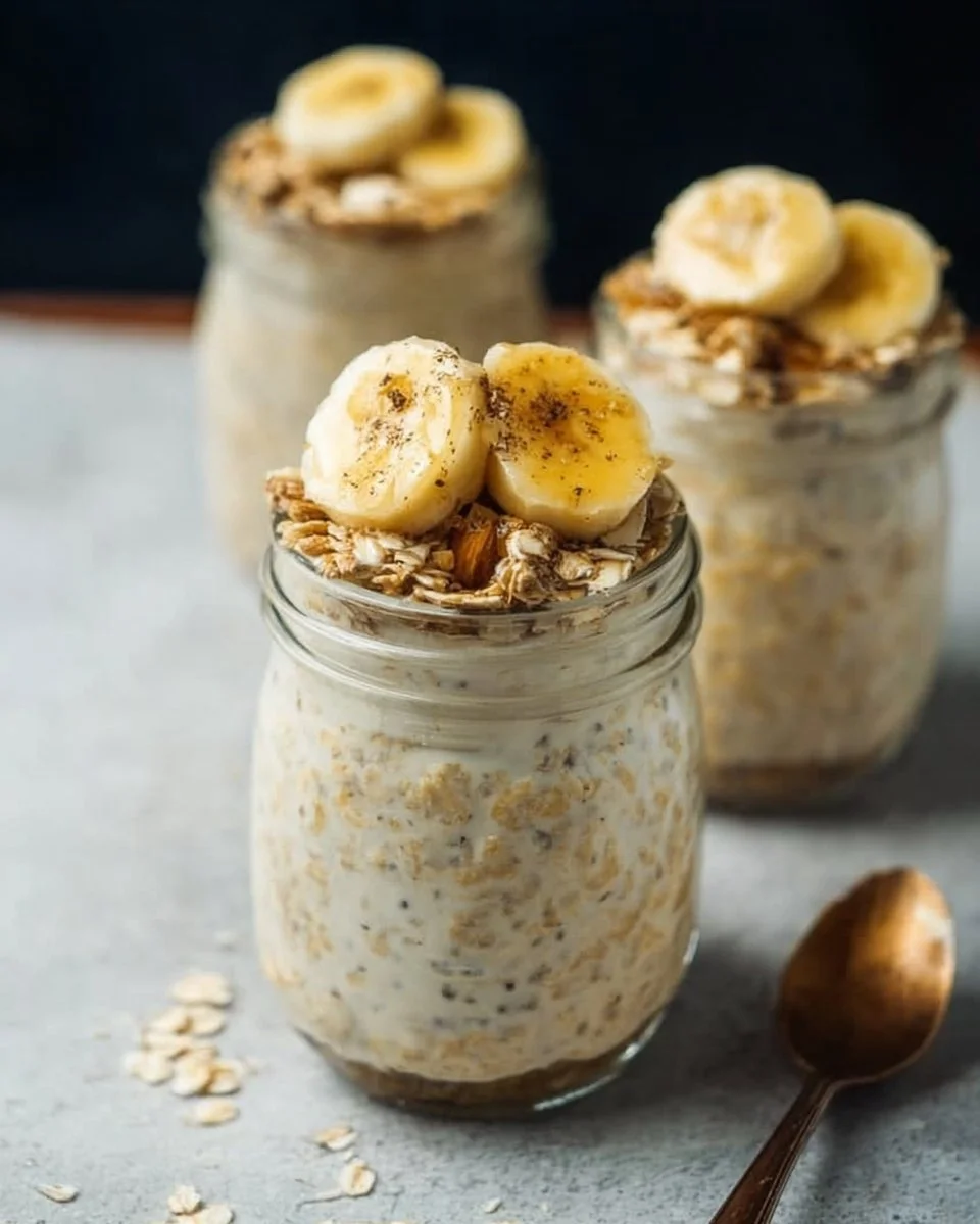 Delicious banana bread overnight oats served in a bowl with banana slices.