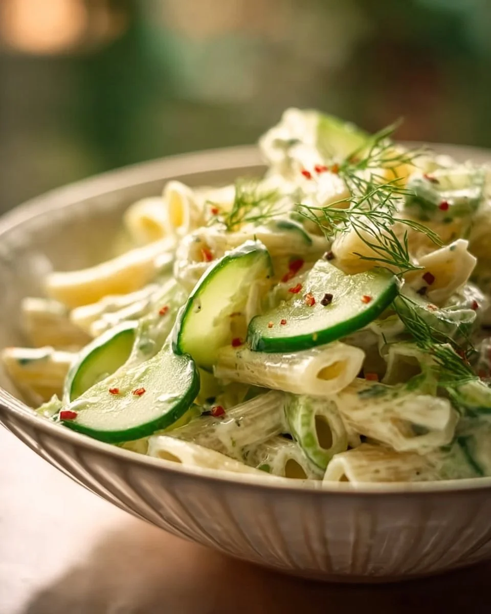 A refreshing bowl of cucumber pasta salad garnished with herbs.