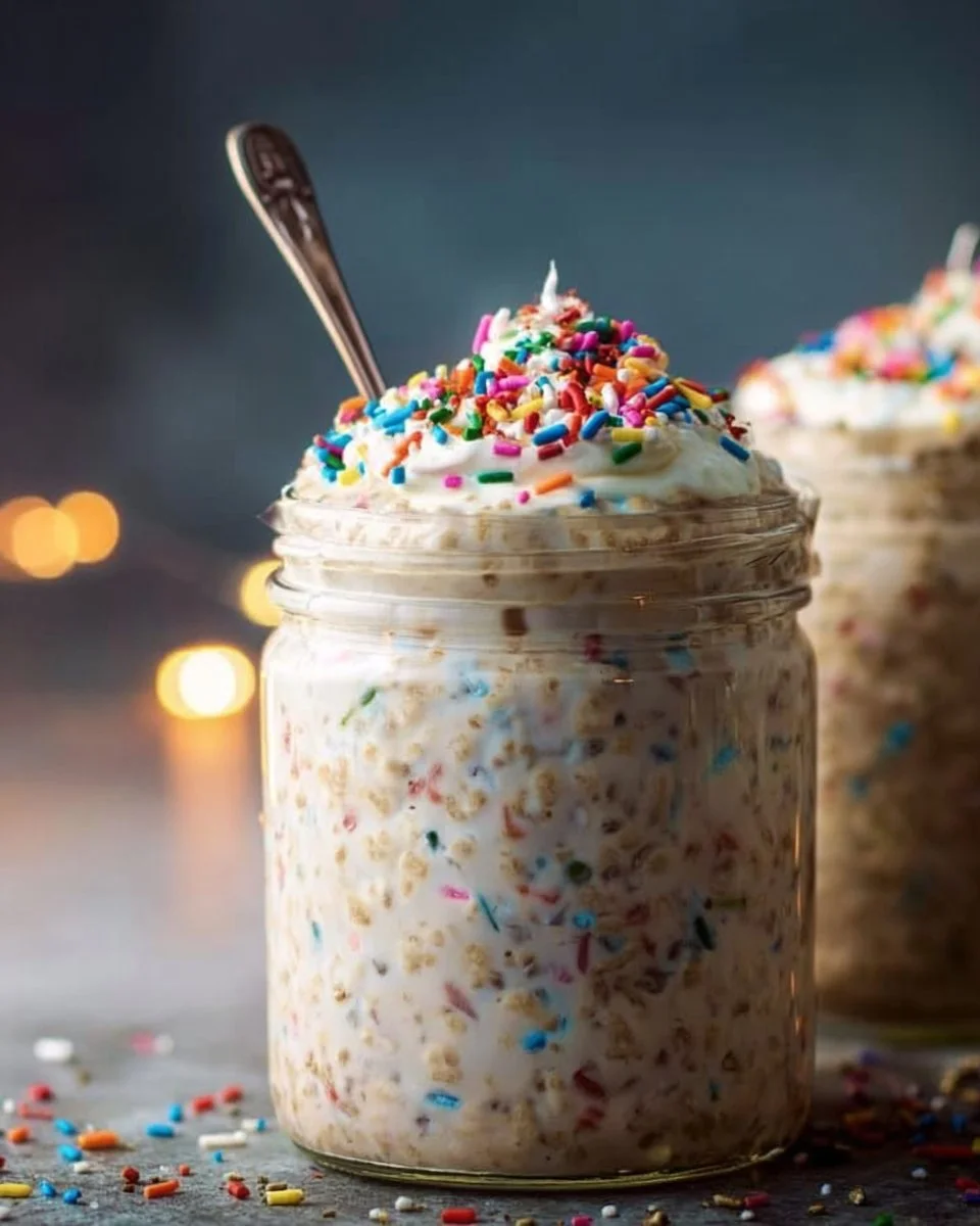Delicious birthday cake overnight oats topped with colorful sprinkles