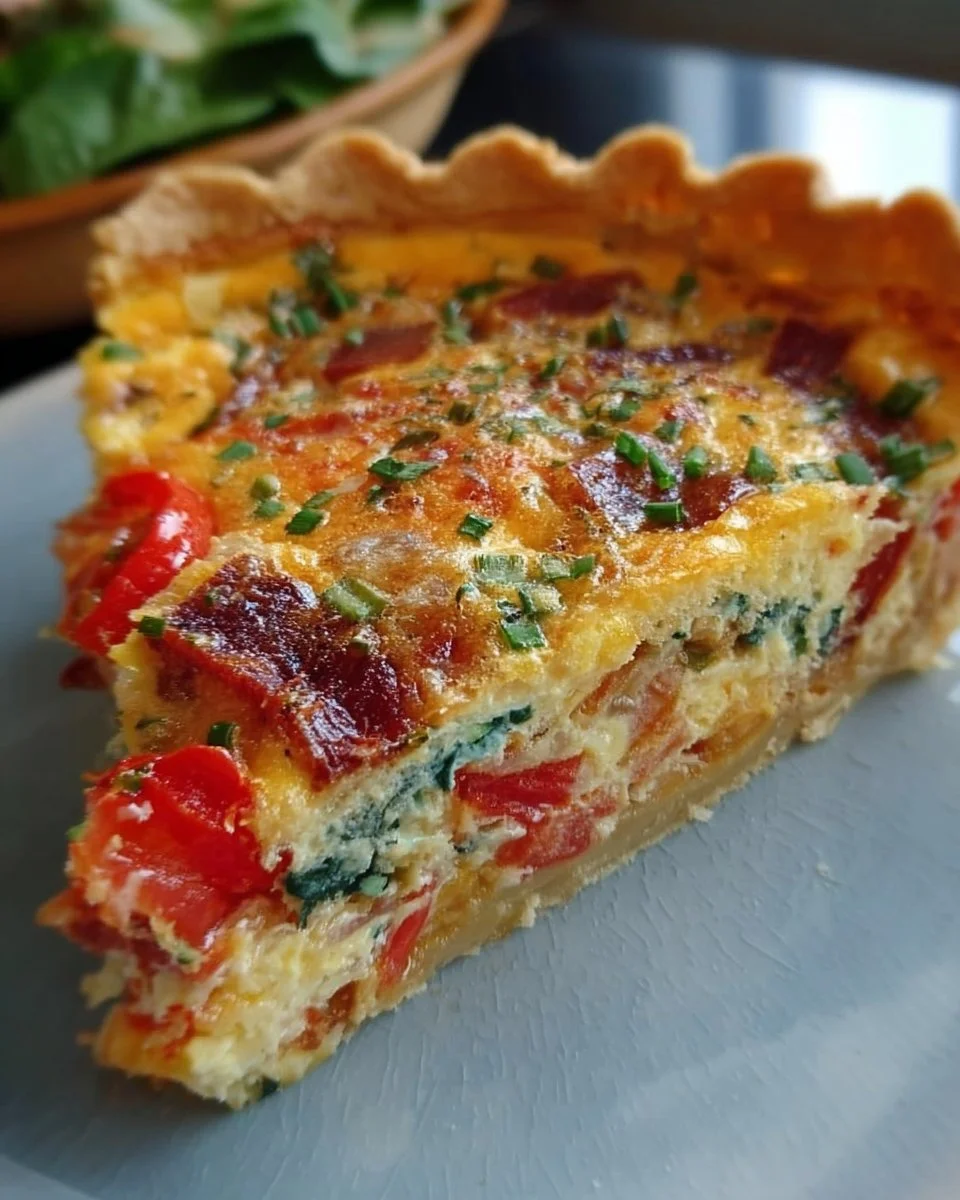 Delicious BLT Quiche with bacon, lettuce, and tomato in a flaky pastry crust